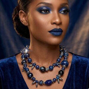 Treska Signed Blue & Silver Beaded Statement Necklace  36"